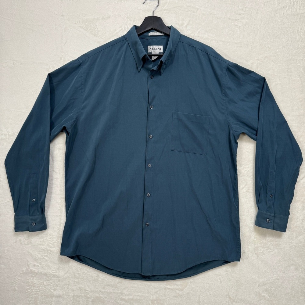 Alfani Button‎ Down Mens XL Teal Blue Microfiber Long Sleeve Solid Point Collar